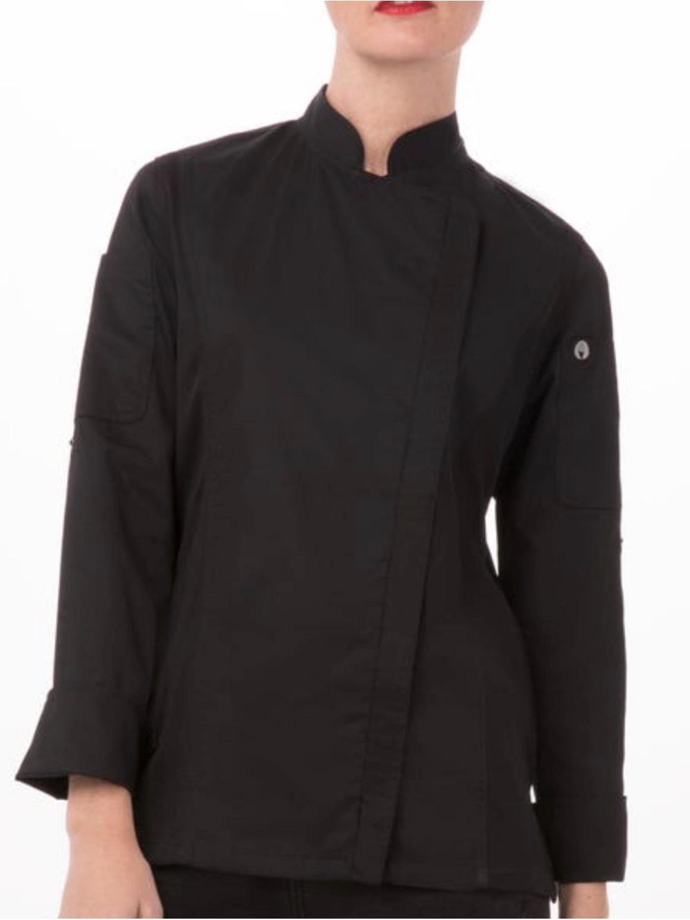 Women's Black Asymmetrical Utility Jacket with Mandarin Collar